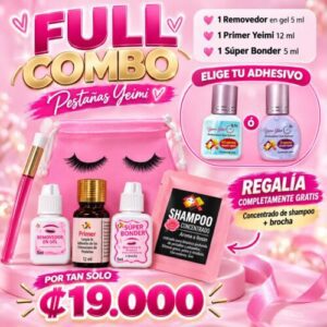 FULL COMBO PESTAÑAS YEIMI ¡Todo lo que necesitas para elevar la calidad de tus aplicaciones de pestañas! El Full Combo de Pestañas Yeimi está diseñado para lashistas que buscan excelencia, calidad y durabilidad en cada aplicación. Con productos previamente testeados, este combo es una opción práctica, confiable y súper económica para equipar tu cabina de trabajo y ofrecer resultados profesionales a tus clientas. ¿QUÉ INCLUYE? 1 Removedor en Gel Yeimi de 5 ml: para facilitar la remoción de extensiones. 1 Primer Yeimi de 12 ml: para preparar las pestañas antes de la aplicación. 1 Adhesivo Yeimi Glue: elige la velocidad de secado que mejor se adapte a tu técnica: 0,3 o 0,5 segundos. ¡Y ESO NO ES TODO! 🎁 REGALÍA ESPECIAL: concentrado de shampoo para pestañas, brocha aplicadora y bolsita. Pestañas Yeimi: calidad, rendimiento y ahorro para tu cabina profesional.